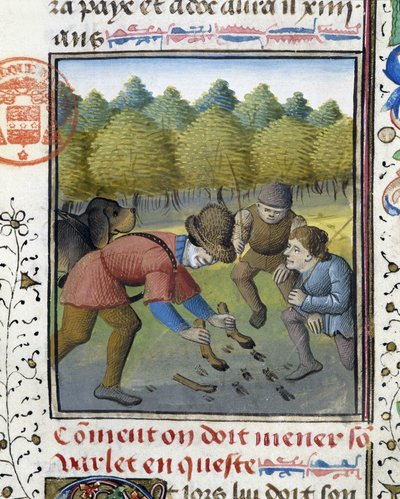 Jägare och jakthundar - i "Gaston Phoebus, greve av Foix, herre av Béarns jaktbok" av French School