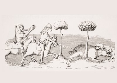 Jakt på vildsvin med hundar, reproduktion av en miniatyr i 1300-talsmanuskriptet "Livre de Roy du Modus", av Henri de Ferrieres, ur "Le Moyen Age et La Renaissance" av Paul Lacroix (1806-84) utgiven 1847 (litografi) av French School