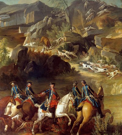 Jaktscenen sprang. Ryttarna är på väg mot doven som hundarna grep. Detalj av en anonym 1700-talsmålning. Gien, Jaktmuseum av French School