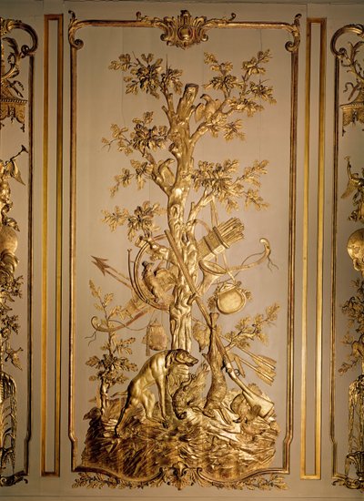 Jaktscen, träpanel ursprungligen från matsalen på Hotel des Etats du Languedoc (förgyllt trä) av French School