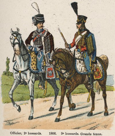 Husarernas 1:a vendemiär An XII (24 september 1803): Officer, 2:a husarer och 9:e husarer i stor klädsel 1806. Tallrik från boken Les Uniforms de l