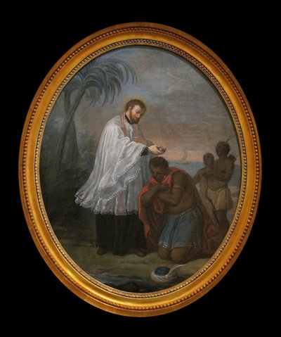 Jag döper en indian. Karaktären som tar emot dopet verkar inte vara en indian, till skillnad från de två karaktärerna i bakgrunden. Denna målning kan vara en allegori av jesuiternas evangeliseringsuppdrag på alla kontinenter. Det tillåter oss dock att fram av French School