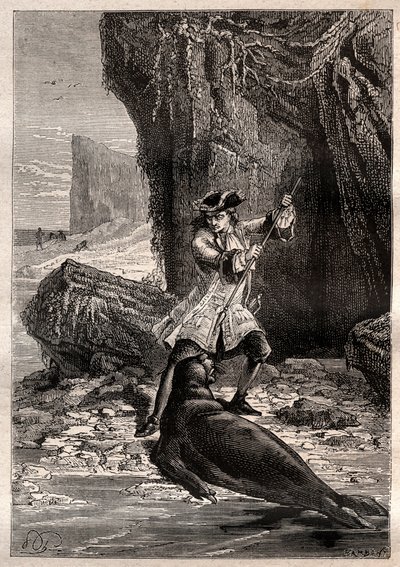 Jag stoppade min spade i hans bröst: Woodes Rogers (1679-1732) attackerad av en marinhund (säl) på en av Galapagosöarna i Stilla havet 1709 - illustrationen hämtad från "The Great Mariners of the 18th century" av French School