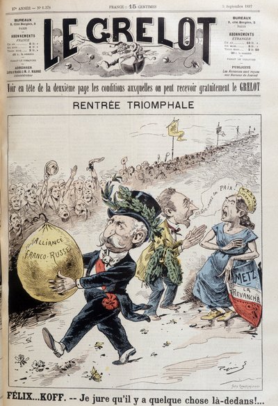 Jag svär att det är något därinne. Den franske presidenten Felix Faure (1841-1899) bär ballongen av det ryska lånet. Bakom bråkar en kvinna som representerar Lorraine med en man som säger "Lämna oss ifred" (utan tvekan utrikesminister Gabriel Hanotau av French School