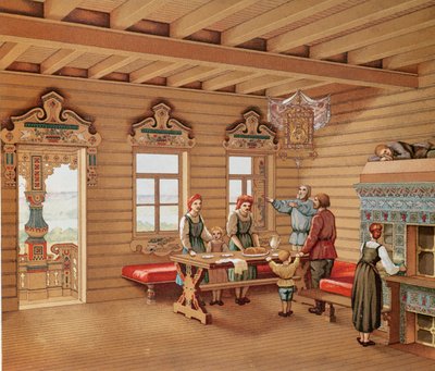 Idealiserad interiör av en rysk izba, ca 1880 (färggravyr) av French School