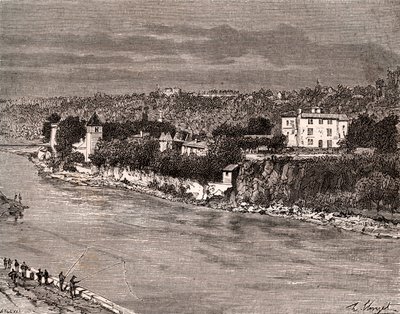 Ile Barbe mitt i Saone, i 9:e arrondissementet i Lyon - gravyr i "La France illustree: geografi, historia, statistisk administration"" av V.-A. Malt-brunt. 1884 av French School