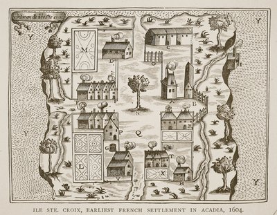 Ile Ste. Croix, den tidigaste franska bosättningen i Acadia, 1604, från Voyages av Samuel de Champlain (c.1580-1635), 1613 av French School