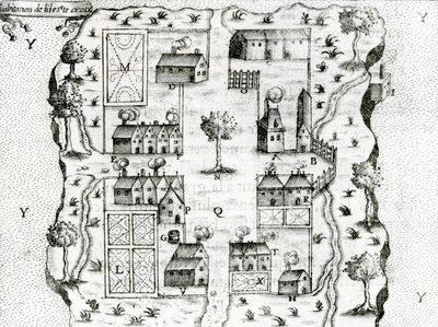 Ile Ste. Croix, den tidigaste franska bosättningen i Acadia, 1604, från Voyages av Samuel de Champlain (c.1580-1635), 1613 av French School
