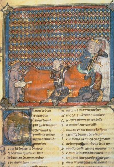 Upplyst sida från en antologi, som visar från vänster till höger, Adenet le Roi, en minstrel till hertig Henry; Greve Guy av Flandern; Marie, drottning av Frankrike och hustru till Filip den djärve (1342-1404); och Mada av French School