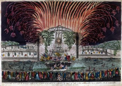 Belysning och fyrverkerier på Place Louis XV i Paris med anledning av freden och invigningen av kungens ryttarstaty den 22 juni 1763. Privésamling av French School