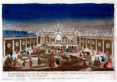 Belysning för att fira bröllopet av Louis Auguste, delfin av Frankrike (Louis XVI), med ärkehertiginnan Marie Antoinette, kejsarens syster - gravyr av French School