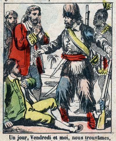 Illustration för Daniel Defoes bok (De foe) "" Robinson Crusoe"". Epinal avbildning från slutet av 1800-talet. av French School
