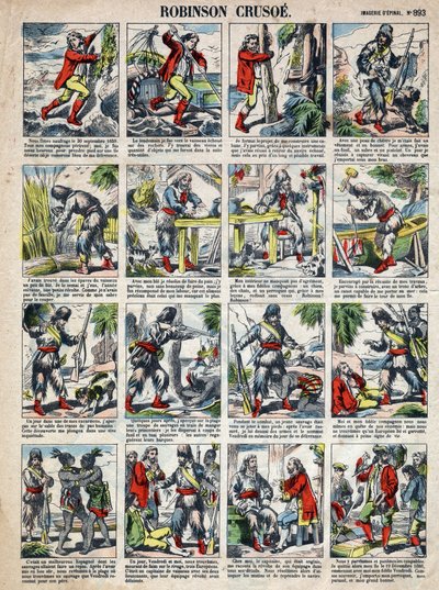 Illustration för Daniel Defoes bok (De foe) "" Robinson Crusoe"". Epinal avbildning från slutet av 1800-talet. av French School