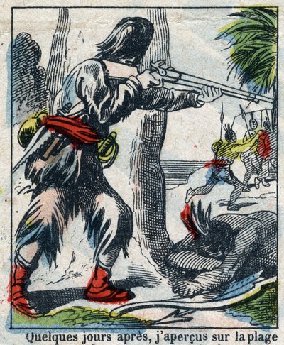 Illustration för Daniel Defoes bok (De foe) "" Robinson Crusoe"". Epinal avbildning från slutet av 1800-talet. av French School