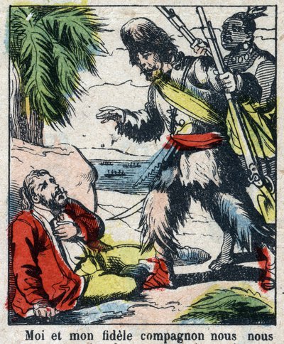 Illustration för Daniel Defoes bok (De foe) "" Robinson Crusoe"". Epinal avbildning från slutet av 1800-talet. av French School