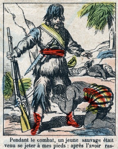 Illustration för Daniel Defoes bok (De foe) "" Robinson Crusoe"". Epinal avbildning från slutet av 1800-talet. av French School