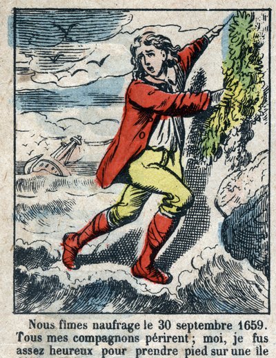 Illustration för Daniel Defoes bok (De foe) "" Robinson Crusoe"". Epinal avbildning från slutet av 1800-talet. av French School