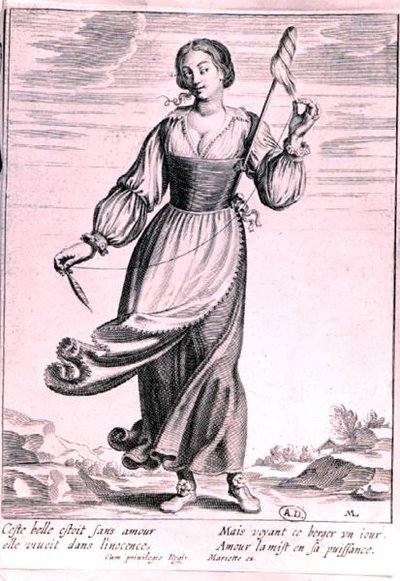 Illustration som visar en herdinna (gravyr) (s/v foto) av French School