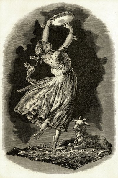 Illustration för "Notre-Dame de Paris" av Victor Hugo: Esmeralda dansar och spelar tamburin bredvid sin get, från 1900-talet (litho) av French School
