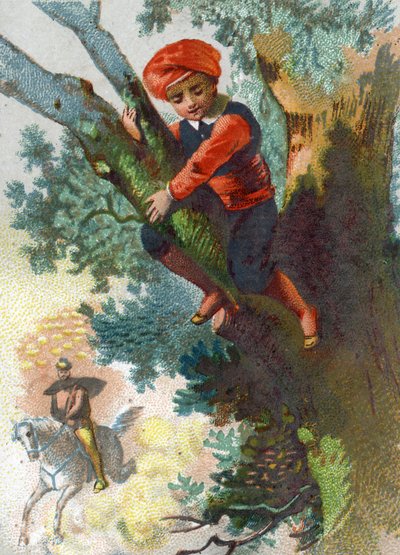 Illustration till sagorna om tusen och en natt. Ali-Baba (Ali Baba) ser en trupp tjuvar komma långväga in i skogen och gömmer sig i ett träd. Kromolitografi omkring 1890. av French School