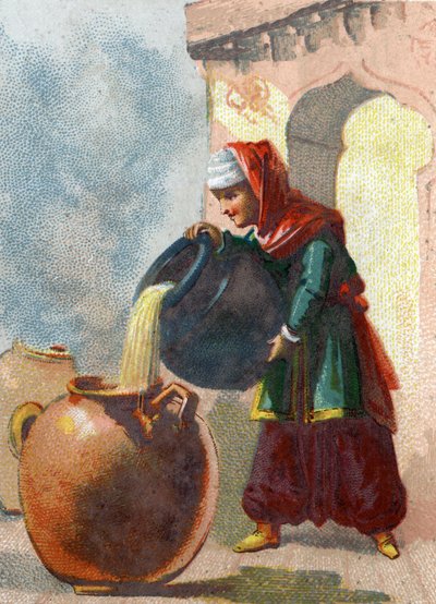 Illustration till sagorna om tusen och en natt. Morgiane, en slav till Ali Baba (Ali Baba), som insåg att vaserna innehöll tjuvar, tog deras liv genom att hälla kokande olja i varje kärl. Kromolitografi omkring 1890. av French School