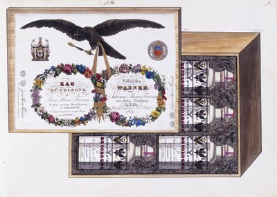 Illustration för förpackningen av eau de Cologne, c.1825 (akvarell och kroppsfärg) av French School