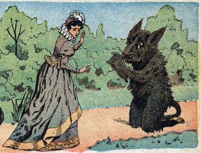 Illustration till berättelsen "Beauty and the Bete"": beten frågar den vackra som plötsligt blir rädd. Gravyr av Quinn-bilder, cirka 1890. av French School