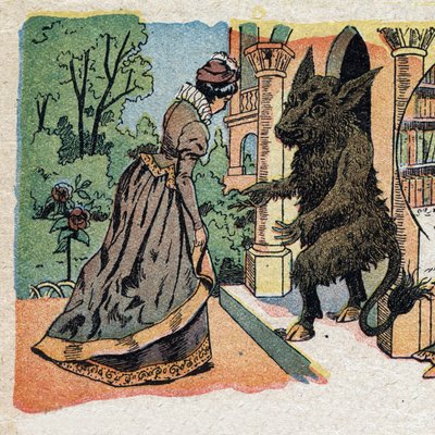 Illustration till berättelsen "La Belle et la Bete"": den vackra anländer till slottet Bete. Gravyr av Quinn-bilder, cirka 1890. av French School