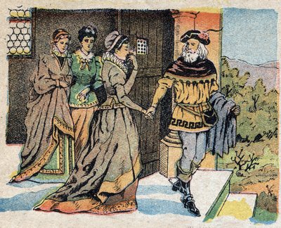 Illustration till berättelsen "La Belle et la Bete"": köpmannen som reste på resa tog farväl av sina tre döttrar och lovade dem en gåva när han återvände. Gravyr av Quinn-bilder, cirka 1890. av French School
