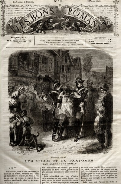 Illustration från ""The Thousand Un Fantomes""-romanen av Alexandre Dumas pere dök upp i "" The Bons Romans"" av 28/03/1865 av French School