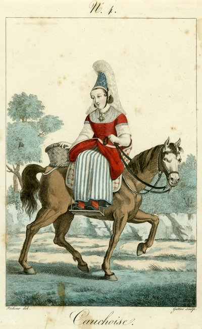 Illustration nr. 4, Cauchoise kostym (färgad gravyr) av French School