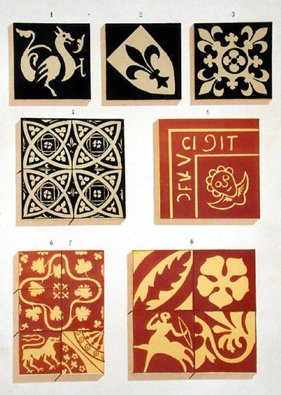 Illustration av keramiska mönster från 1200-talet från en dekorationskälla (färg litho) av French School