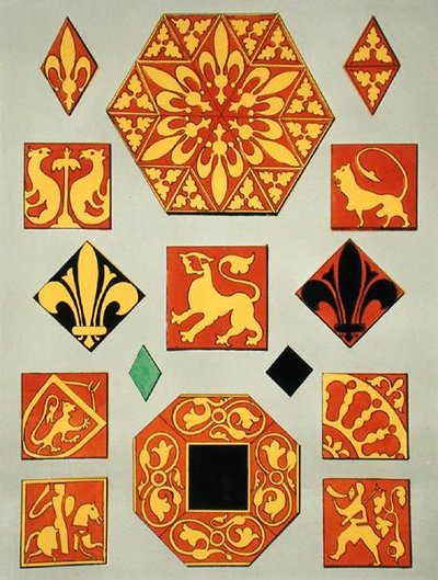 Illustration av keramiska mönster från 1200-talet från en dekorationskälla (färg litho) av French School