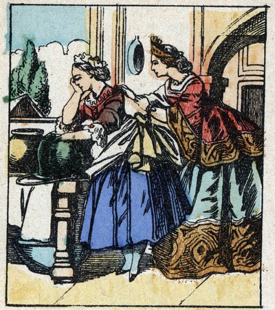 Illustration av Charles Perraults berättelse "Askungen eller den lilla glastofflan". Trästick av Imaging Pellerin - Epinal, sd. Sent 1800-tal. av French School