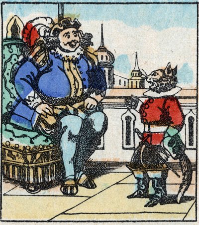 Illustration av Charles Perraults berättelse "The Cat Botte". Trästick av Imaging Pellerin - Epinal, sd. Sent 1800-tal. av French School
