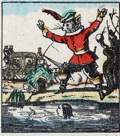 Illustration av Charles Perraults berättelse "The Cat Botte". Trästick av Imaging Pellerin - Epinal, sd. Sent 1800-tal. av French School
