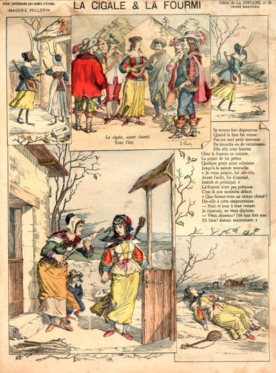 Illustration av La Fontaines fabler Cikadan och myran, gravyr, ca 1890 av French School