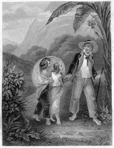 Illustration av "Paul och Virginia". Roman av Henri Bernardin de Saint Pierre (Saint-Pierre eller St-Pierre), fransk författare (1737-1814). av French School