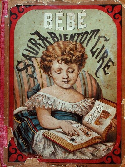 Illustration av ett barn som lär sig att läsa (färg litho) av French School