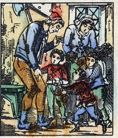 Illustration av berättelsen "" Le petit poucet "" av Charles Perrault. Trästick av Imaging Pellerin - Epinal, sd. Sent 1800-tal. av French School