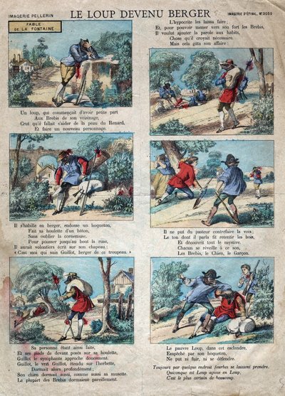 Illustration av fabeln av Jean de la Fontaine (1621-1695): vargen blev en herde. Epinal avbildning från slutet av 1800-talet. av French School