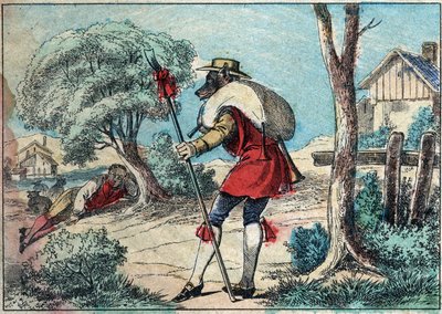 Illustration av fabeln av Jean de la Fontaine (1621-1695): vargen blev en herde. Epinal avbildning från slutet av 1800-talet. av French School