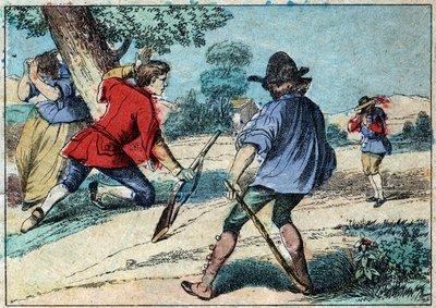 Illustration av fabeln av Jean de la Fontaine (1621-1695): vargen blev en herde. Epinal avbildning från slutet av 1800-talet. av French School