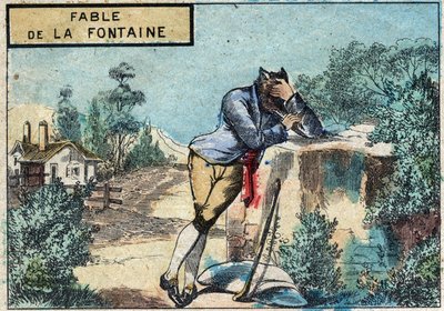 Illustration av fabeln av Jean de la Fontaine (1621-1695): vargen blev en herde. Epinal avbildning från slutet av 1800-talet. av French School