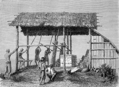 Illustration publicerad i 1862 års upplaga av "Le Tour du monde" föreställande en smed i dayaks på ön Borneo. Gravyr. av French School