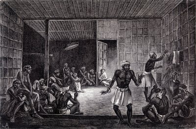 Illustration publicerad i 1862 års upplaga av "Le Tour du monde" som visar en session av exorcism som praktiseras av dayakerna på ön Borneo. Gravyr. av French School