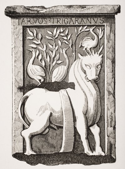 Bild av det keltiska monumentet för den heliga oxen som hittades under kören i Notre Dame-katedralen i Paris 1711, från Le Moyen Age et La Renaissance av Paul Lacroix (1806-84) publicerad 1847 av French School