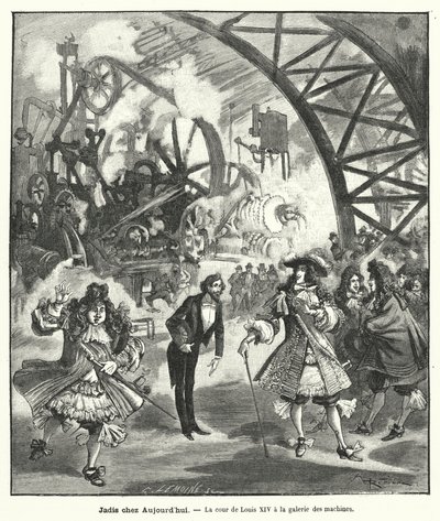 Föreställt besök av kung Ludvig XIV och hans hov i maskinpaviljongen vid Exposition Universelle i Paris 1889 (gravyr) av French School