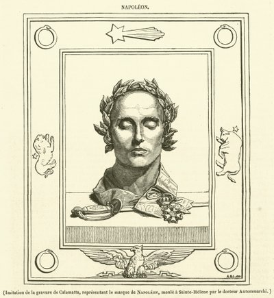 Imitation av Calamattas gravyr av Napoleons mask, gjuten i Sainte-Helene av Dr Antommarchi (gravyr) av French School