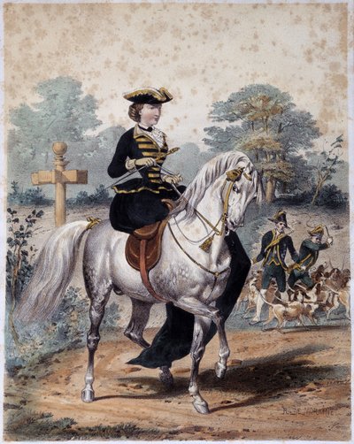 Imperatrice Eugenia i jaktdräkt. Anonym gravyr, sd. v. 1860 av French School